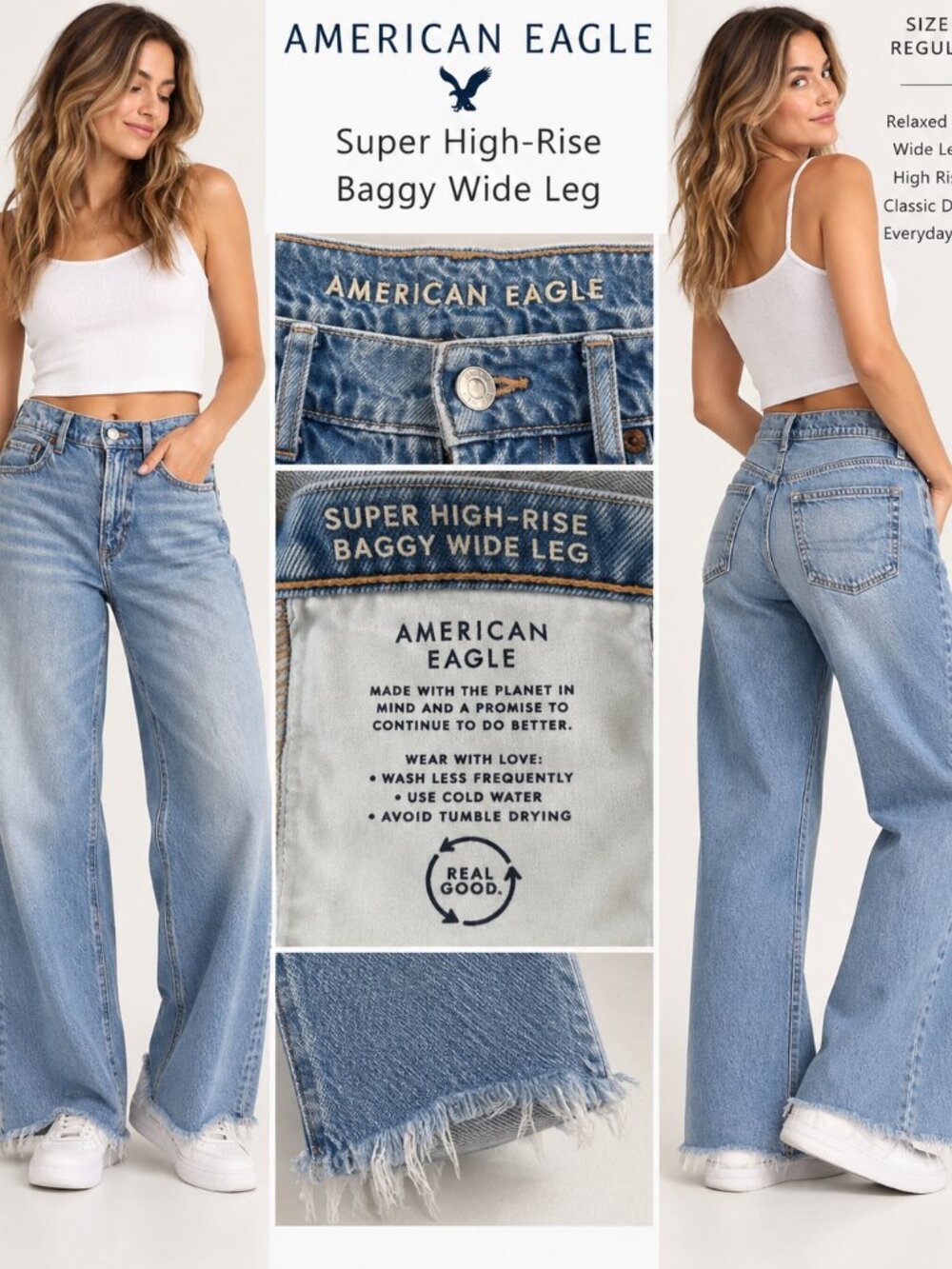 American Eagle Super High Rise Baggy Wide Leg Jeans Womens 6 Raw Hem Blue